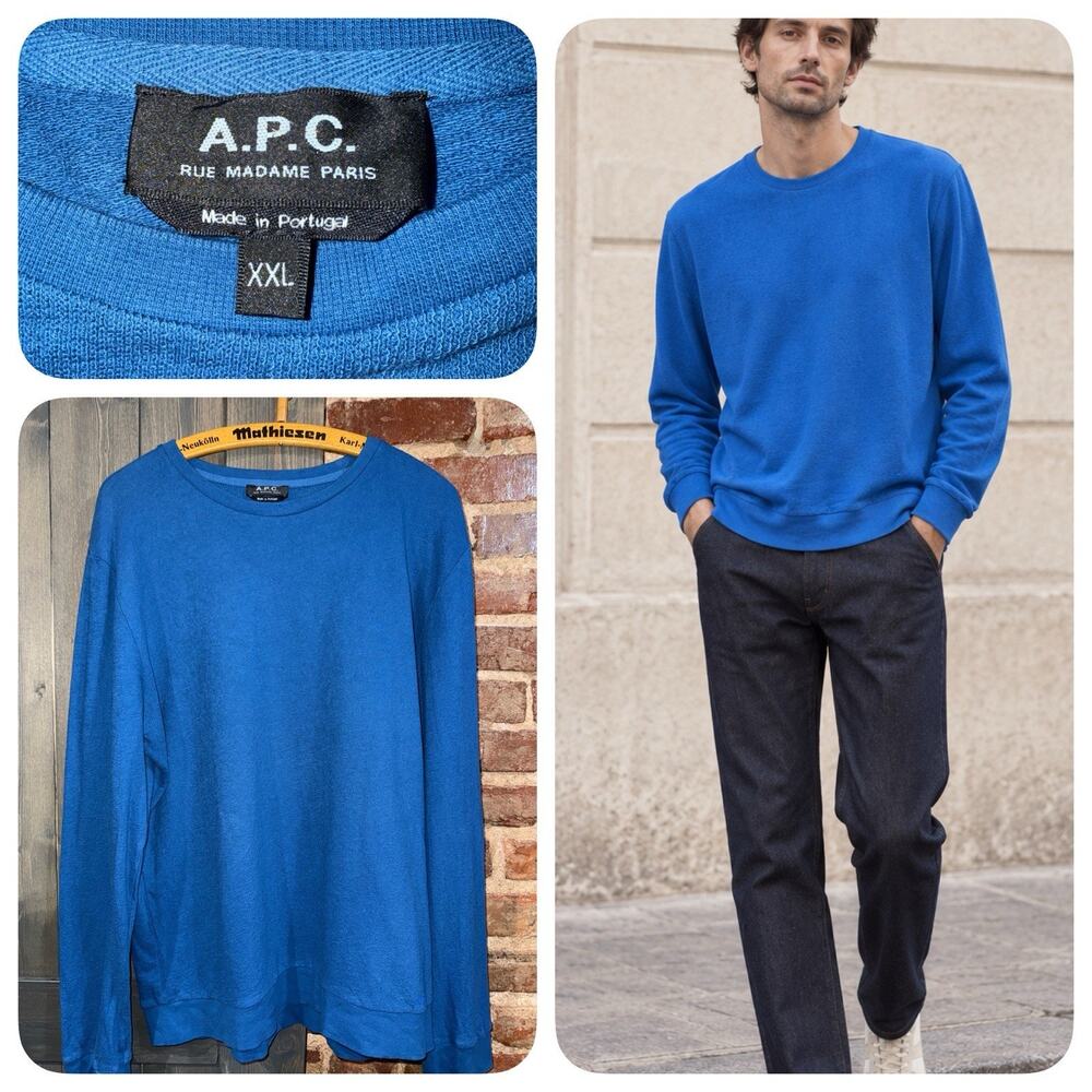 A.P.C. Paris Mens XXL Blue French Terry Sweatshirt Made Portugal Logo